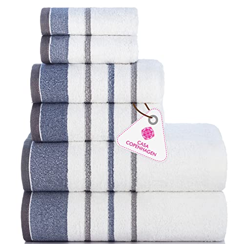 Casa Copenhagen White Bay-Handtuch aus 600 g/m² ägyptischer Baumwolle für Hotel, Spa, Küche und Bad, 6-teiliges Set mit 2 Bädern, 2 Händen, 2 Waschlappen – Weiß mit blauem und grauem Rand von Casa Copenhagen