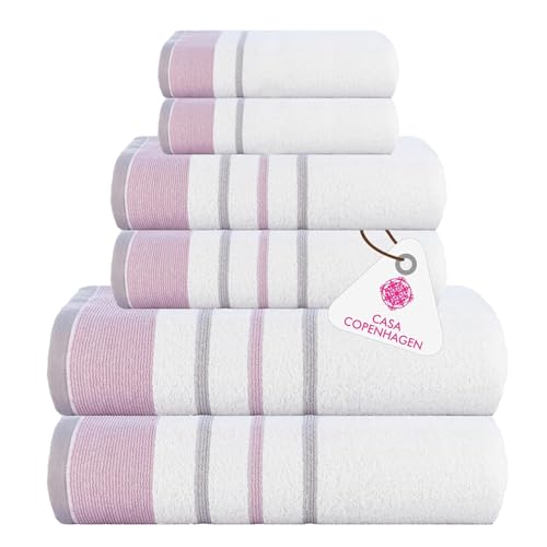 Casa Copenhagen White Bay-Handtuch aus 600 g/m² ägyptischer Baumwolle für Hotel, Spa, Küche und Bad, 6-teiliges Set mit 2 Bädern, 2 Händen, 2 Waschlappen– Weiß mit lavendelfarbenem und grauem Rand von Casa Copenhagen