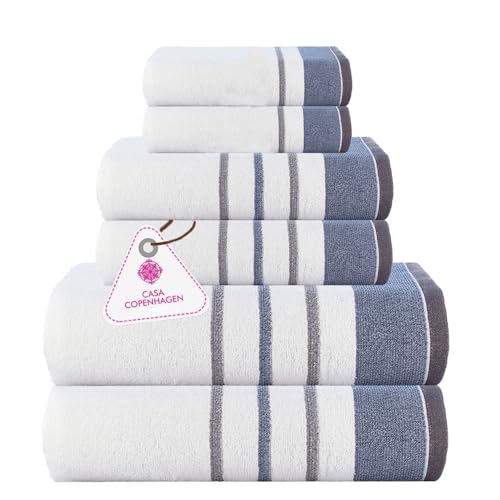 Casa Copenhagen White Bay-Handtuch aus 600 g/m² ägyptischer Baumwolle für Hotel, Spa, Küche und Bad, 6-teiliges Set mit 2 Bädern, 2 Händen, 2 Waschlappen – Weiß mit blauem und grauem Rand von Casa Copenhagen