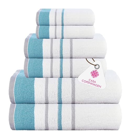 Casa Copenhagen White Bay-Handtuch aus 600 g/m² ägyptischer Baumwolle für Hotel, Spa, Küche und Bad, 6-teiliges Set mit 2 Bädern, 2 Händen, 2 Waschlappen – Weiß mit blaugrünem und grauem Rand von Casa Copenhagen