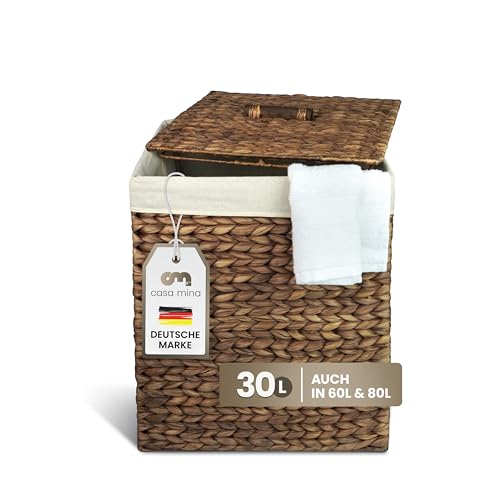 Casa Mina® Wäschekorb mit Deckel | Atmungsaktiver Wäschekorb geflochten aus 100% Naturfaser I Robuster Wäschesammler mit Griffen & waschbarem Innensack I Wäschekörbe (Mocca, 32 x 25 x 45cm) von Casa Mina