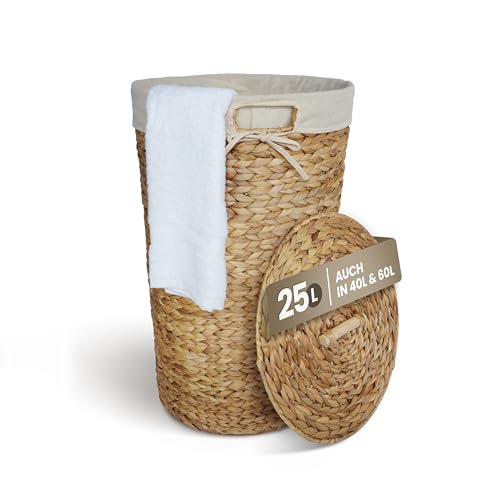 Casa Mina® Wäschekorb mit Deckel | Atmungsaktiver Wäschekorb geflochten aus 100% Naturfaser I Robuster Wäschesammler mit Griffen & waschbarem Innensack I Wäschekörbe (Natur, 30 x 45cm) von Casa Mina
