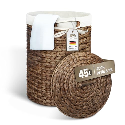 Casa Mina® Wäschekorb mit Deckel D35 x H50cm hoch I Atmungsaktiver Wäschekorb geflochten aus 100% Naturfaser I Robuster Wäschesammler mit Griffen & waschbarem Innensack I Wäschekörbe - Manila von Casa Mina