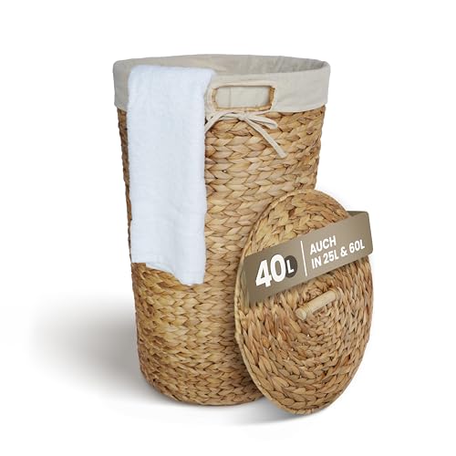 Casa Mina® Wäschekorb mit Deckel D35 x H55cm hoch I Atmungsaktiver Wäschekorb geflochten aus 100% Naturfaser I Robuster Wäschesammler mit Griffen & waschbarem Innensack I Wäschekörbe - Lombok von Casa Mina