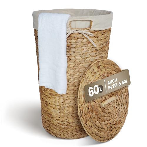 Casa Mina® Wäschekorb mit Deckel D40 x H65cm hoch I Atmungsaktiver Wäschekorb geflochten aus 100% Naturfaser I Robuster Wäschesammler mit Griffen & waschbarem Innensack I Wäschekörbe - Lombok von Casa Mina