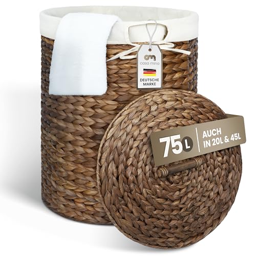 Casa Mina® Wäschekorb mit Deckel D45 x H55cm hoch I Atmungsaktiver Wäschekorb geflochten aus 100% Naturfaser I Robuster Wäschesammler mit Griffen & waschbarem Innensack I Wäschekörbe - Manila von Casa Mina