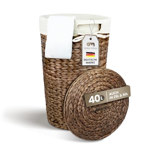 Casa Mina® Wäschesammler mit Deckel D35 x H55cm hoch I Atmungsaktiver Wäschekorb geflochten aus 100% Naturfaser I Robuster Wäschesammler mit Griffen & waschbarem Innensack I Wäschekörbe - Lombok von Casa Mina