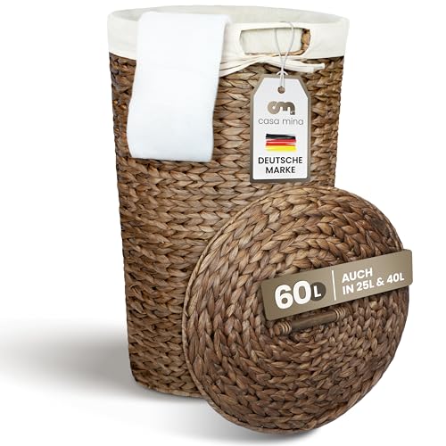 Casa Mina® Wäschekorb mit Deckel D40 x H65cm hoch| Atmungsaktiver Wäschekorb geflochten aus 100% Naturfaser I Robuster Wäschesammler mit Griffen & waschbarem Innensack I Wäschekörbe - Lombok von Casa Mina