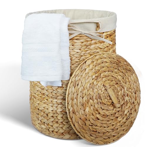 Casa Mina® Wäschesammler mit Deckel D45 x H55cm hoch I Atmungsaktiver Wäschekorb geflochten aus 100% Naturfaser I Robuster Wäschesammler mit Griffen & waschbarem Innensack I Wäschekörbe - Manila von Casa Mina