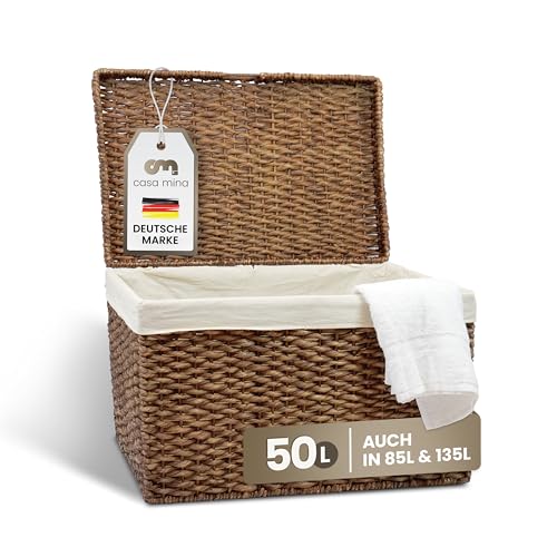 Casa Mina® Wäschetruhe mit Deckel 50 x 28 x 36cm hoch I Atmungsaktive Wäschetruhe geflochten aus 100% Naturfaser I Robuster Wäschesammler mit Griffen & waschbarem Innensack I Wäschetruhe - Bali von Casa Mina