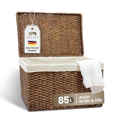 Casa Mina® Wäschetruhe mit Deckel 60 x 36 x 40cm hoch I Atmungsaktive Wäschetruhe geflochten aus 100% Naturfaser I Robuste Truhe mit Griffen & waschbarem Innensack I Wäschetruhe - Bali von Casa Mina