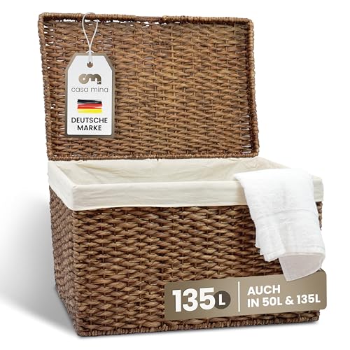 Casa Mina® Wäschetruhe mit Deckel 70 x 44 x 45cm hoch I Atmungsaktive Wäschetruhe geflochten aus 100% Naturfaser I Robuster Wäschesammler mit Griffen & waschbarem Innensack I Wäschetruhe - Bali von Casa Mina
