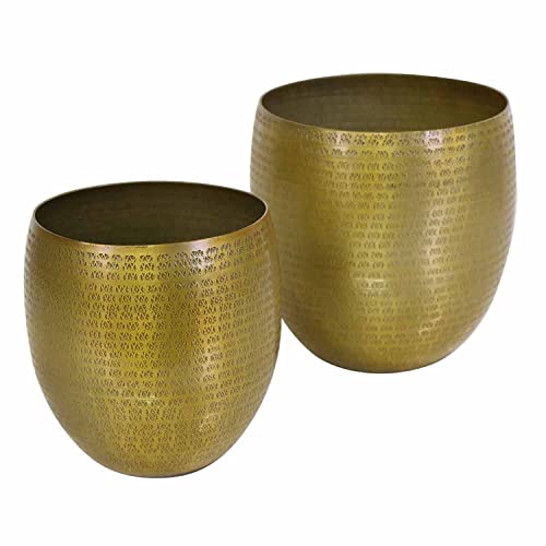 Blumengefäß Blumentopf Vega Gold 2er Set Klein rund aus Aluminium Hammerschlag Übertopf Boho Pflanzkübel Designer Blumen-Kübel | ABK705 von Casa Moro