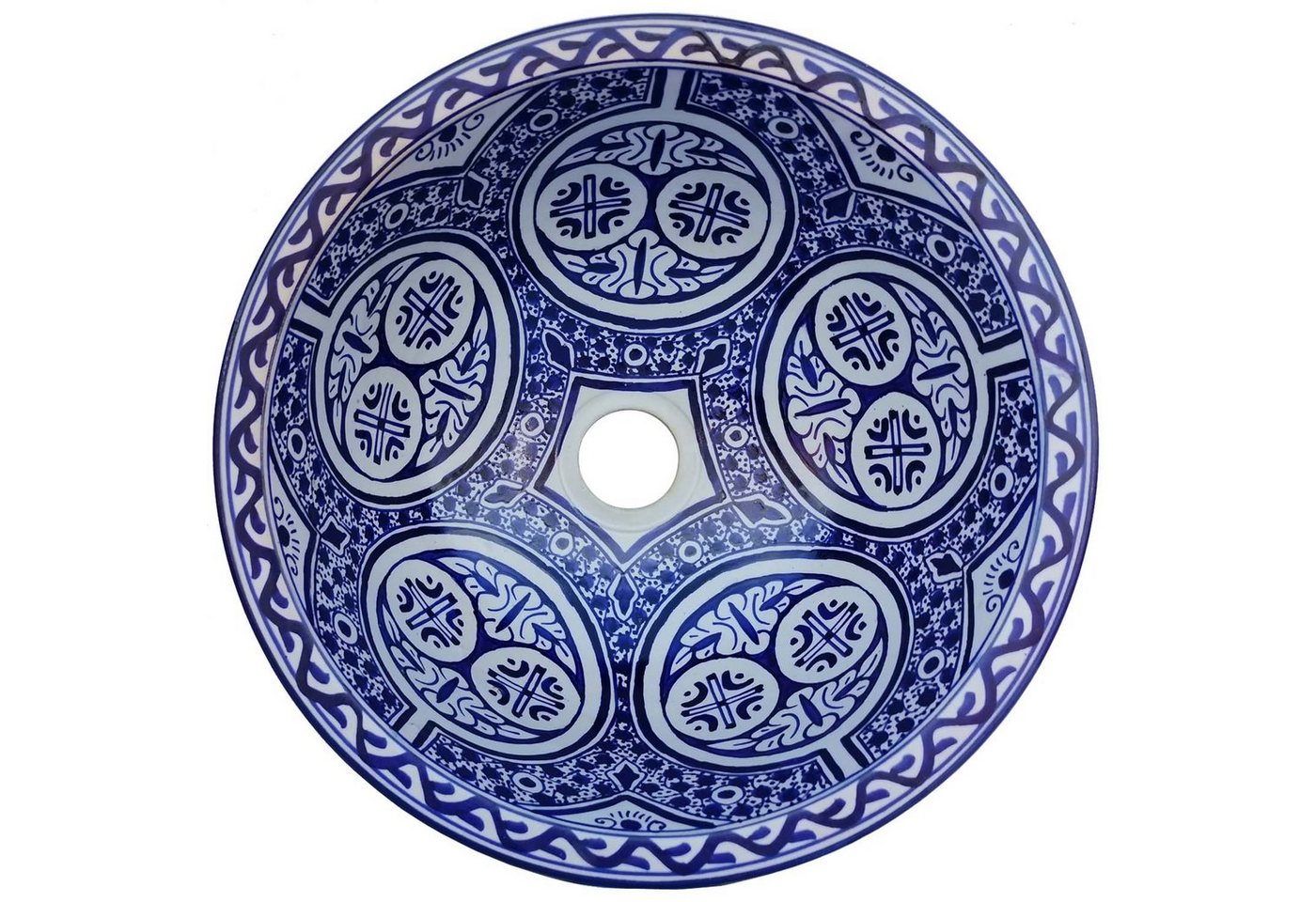 Casa Moro Aufsatzwaschbecken Marokkanisches Keramik-Waschbecken Fes12 Ø 35cm blau weiß rund (handgefertigtes handbemaltes Aufsatzbecken Handwaschbecken), wie aus 1001 Nacht WB012 von Casa Moro
