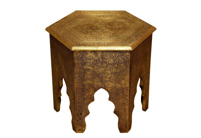 Casa Moro Beistelltisch Orientalischer Couchtisch Targa Höhe Ø 46cm (Holz Tisch komplett mit Messingintarsien verkleidet), in Antik Gold Look marokkanischer Sofatisch sechseckig von Casa Moro