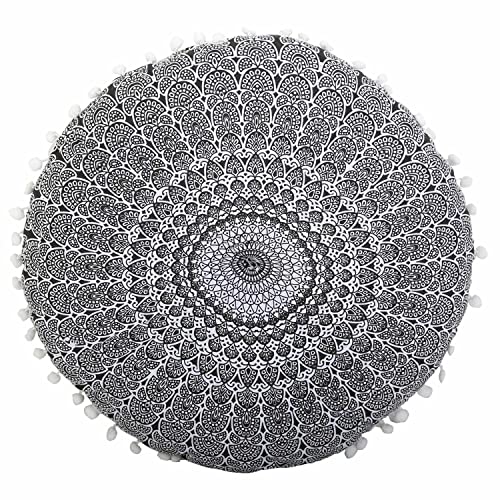 Casa Moro Indisches Yogakissen Mandala Saira Schwarz Weiß mit Füllung Ø 55cm x Höhe 12cm rund aus Baumwolle | Orientalisches Sitzkissen Zierkissen | MA4506 von Casa Moro