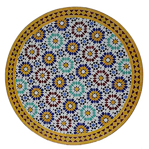 Casa Moro Marokkanischer Mosaiktisch Ankabut Gelb Ø 100cm rund mit Gestell H 73 cm Kunsthandwerk aus Marrakesch | Mediterraner Gartentisch Esstisch Balkontisch Bistrotisch MT2223 von Casa Moro