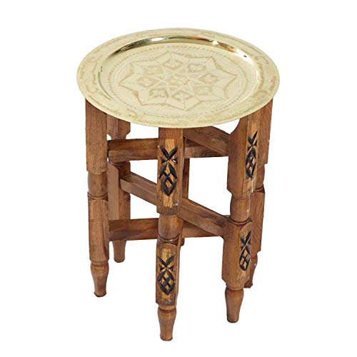 Casa Moro Marokkanischer Teetisch Karam 30 mit Messing - Tablett Ø 30 cm | Handgefertigter Holz-Tisch Klapptisch mit Serviertablett Farbe Gold | TA61588 von Casa Moro