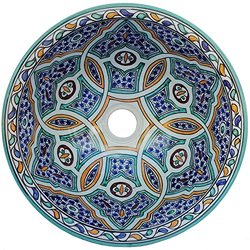 Casa Moro Marokkanisches Keramik-Waschbecken Fes10 bunt Ø 35cm rund | Kunsthandwerk aus Marokko | Waschschale Aufsatzbecken wie aus 1001 Nacht | WB010 von Casa Moro