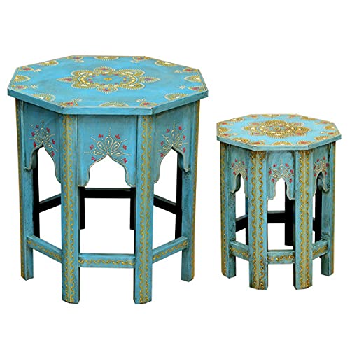 Casa Moro Orientalische Beistelltische 2er Set Saada Blau aus Massiv-Holz handbemalt Shabby Chic Couchtische Kunsthandwerk Handmade Sofatische marokkanischer Stil MA-32-47 von Casa Moro
