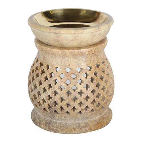 Casa Moro Orientalische Duftlampe NAMASTE BEIGE aus Naturstein Soapstone geschnitzt 10x10x11 cm (B/T/H) mit Metall-Schale ätherisches Öl Diffusor, Teelicht-Halter für Aromatherapie, Aroma-Lampe | SL20 von Casa Moro