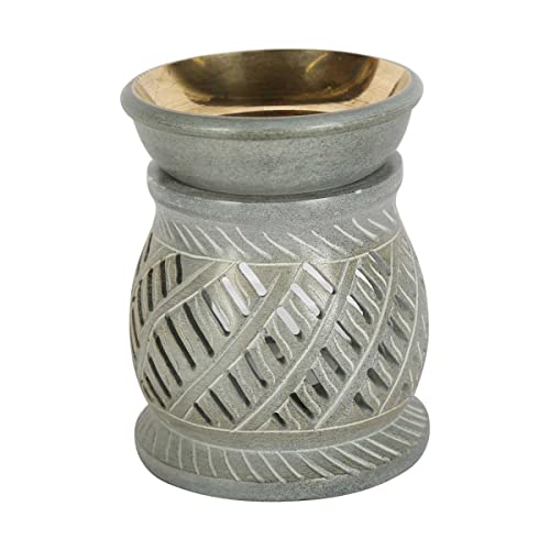 Orientalische Duftlampe NAMASTE GRÜN aus Naturstein Soapstone geschnitzt 10x10x11 cm (B/T/H) mit Metall-Schale ätherisches Öl Diffusor, Teelicht-Halter für Aromatherapie, Aromalampe | SL10 von Casa Moro
