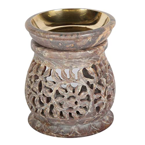 Casa Moro Orientalische Duftlampe Namaste BRAUN aus Naturstien Soapstone geschnitzt 10x10x11 cm (B/T/H) mit Metall-Schale ätherisches Öl Diffusor, Teelicht-Halter für Aromatherapie, Aromalampe | SL40 von Casa Moro