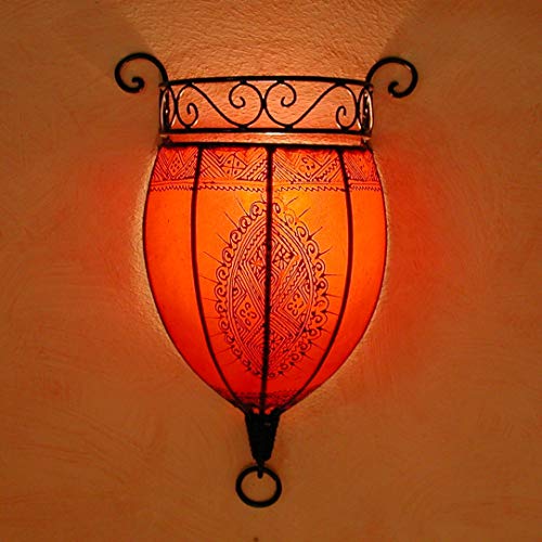 Casa Moro Orientalische Wandlampe NAKOUS Orange Lampenschirm aus Echt-Leder | marokkanische Wandleuchte Henna-Lampe | Kunsthandwerk aus Marrakesch (ohne Leuchtmittel) L1086 von Casa Moro