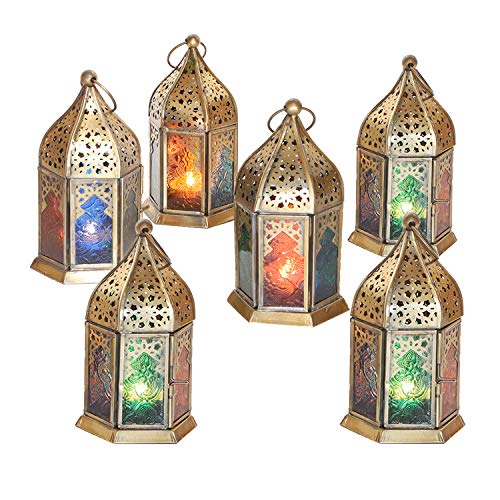 Casa Moro Orientalische Windlichter Nael Multi 6 Set aus Metall & mit bunten Reliefgläsern Höhe 16 cm | Marokkanische Glaslaternen im Antik-Messing-Look für drinnen & draußen | WDL1041 von Casa Moro