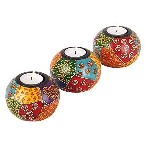 Teelichthalter Anila 3er Set bunt orientalisch handbemalt Echtholz indische Kerzenhalter für Teelichter | Originelle Geschenk-Idee Weihnachten Muttertag Tisch-Deko | RK201 von Casa Moro