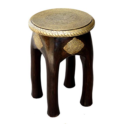 Casa Moro Orientalischer Sitzhocker Kamala H 45 x Ø 34 cm rund aus Massivholz Mango handgeschnitzt mit Messing verziert | Kunsthandwerk Pur | Vintage Holz-Hocker Beistelltisch | MA03-24 von Casa Moro
