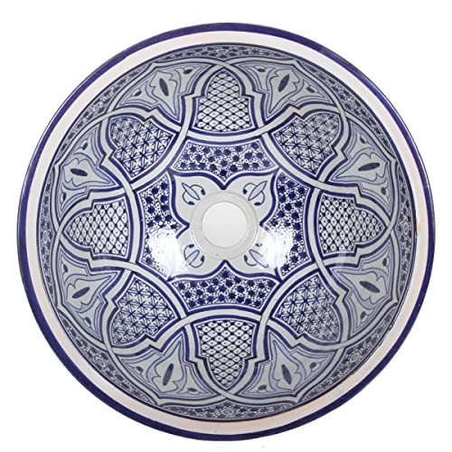 Casa Moro Orientalisches handbemaltes Keramik Waschbecken Fes93 blau weiß rund | marokkanisches Handwaschbecken Aufsatzbecken Emaille Durchmesser 35 cm von Casa Moro