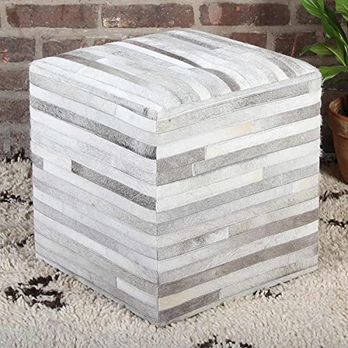 Casa Moro Patchwork Fell-Hocker Liem weiß grau 45x45x48 cm (B/T/H) aus echtem Fell & Holz | Sitzhocker quadratisch echt Ledersitzkissen Pouf modern Sitzwürfel | edel Echtleder Polsterhocker | HH5606 von Casa Moro