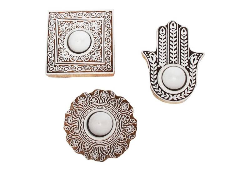 Casa Moro Teelichthalter Orientalische Teelichthalter Sahra aus Echtholz handgeschnitzt (3er Set Kerzenhalter Dekoration, 3 St., Ramadan Deko Kerzenhalter), Handbemalt RK210 von Casa Moro