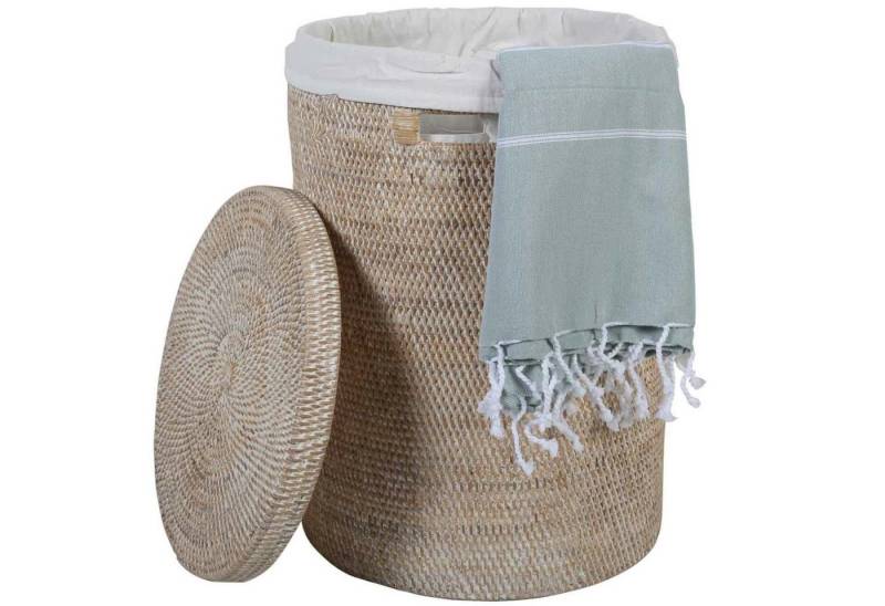 Casa Moro Wäschekorb Rattan Wäschebehälter Cleo Weiß rund mit Deckel & Innenfutter (Designer Weide Korb, Aufbewahrungskorb rustikal geflochten, Rattan Korb rund), Boho Chic Wäschesammler mit Griff von Casa Moro