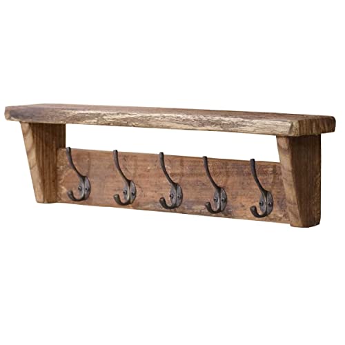 Casa Moro Wandgarderobe Belluno vintage mit 5 Haken rustikale Garderobenleiste mit Ablage aus Teak-Holz,Garderobenleiste Holz Für Flur, Schlafzimmer und badezimmer von Casa Moro