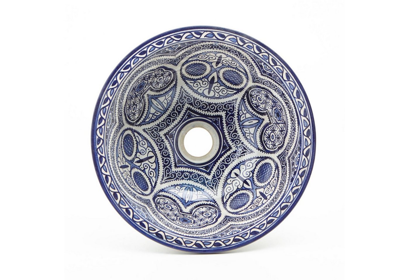 Casa Moro Waschbecken Mediterranes Keramik Waschbecken Fes69 blau weiß Ø 35 cm (handbemalt & handgetöpfert), Kunsthandwerk aus Marokko, WB35269 von Casa Moro