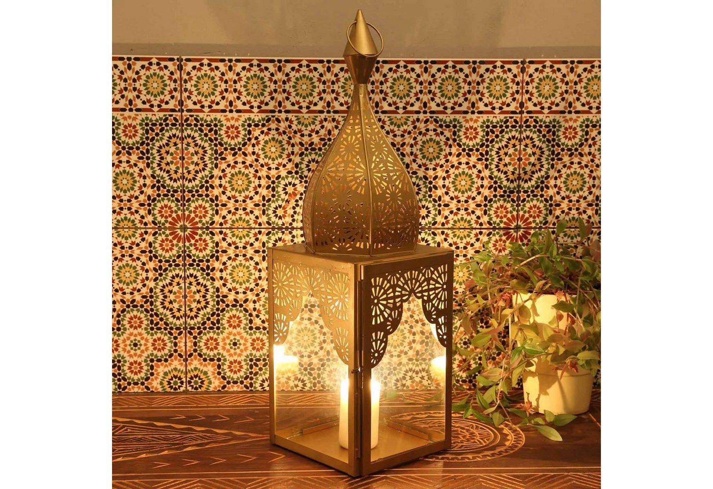 Casa Moro Windlicht Orientalische Laterne Modena Gold L aus Glas & Metall Höhe 50cm (Minaretten Form, Marokkanische Glaslaterne, Windlicht Kerzenhalter), aus traditioneller Handarbeit IRL640 von Casa Moro