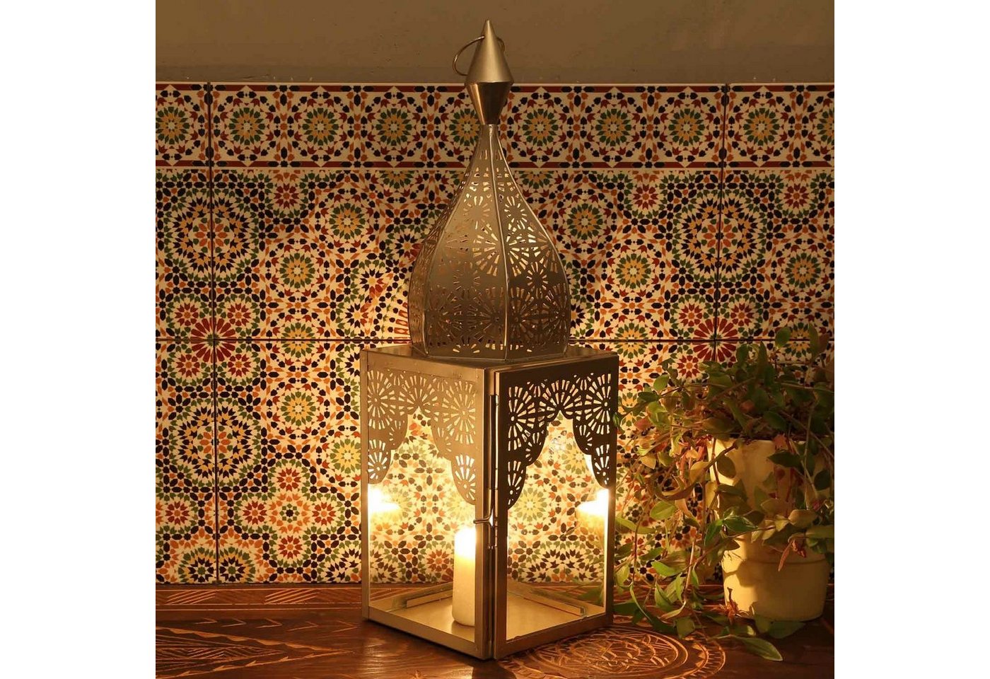 Casa Moro Windlicht Orientalisches Windlicht Modena Silber L Glas & Metall Höhe 50 cm (Form Minarette, Marokkanische Laterne, Kerzenständer wie aus 1001 Nacht), Ramadan Kerzenhalter Eid Wohn Deko IRL660 von Casa Moro