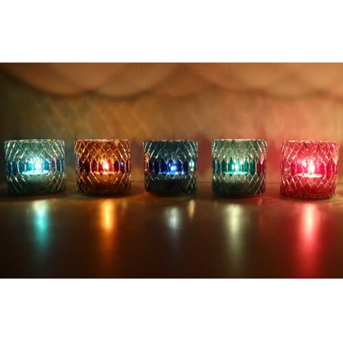 Marokkanisches Mosaik Glas-Windlicht Rayan S 5ER Set Ø 8cm rund in 5 Farben, Ramadan Deko Teelichthalter bunt orientalische Kerzenleuchter wie aus 1001 Nacht | WZ170-S von Casa Moro