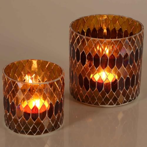 Marokkanisches Mosaik-Windlicht Rayan gelb rund handgefertigt aus Glas | Stimmungslicht Muttertag Ostern Deko Teelichthalter bunt marokkanische Tisch-Deko Größe 2er Set von Casa Moro