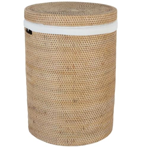 Natur Rattan Wäschekorb CLEO L Ø 35cm x Höhe 50cm rund mit Deckel & Innensack | Boho Chic Wäschesammler mit Griff Aufbewahrungskorb rustikal geflochten LOM20032 von Casa Moro