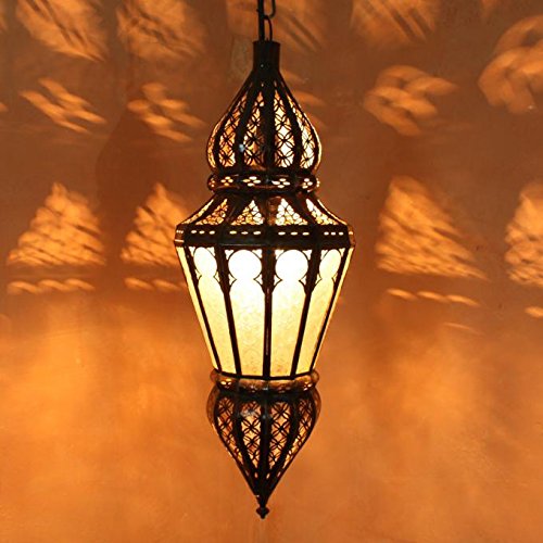 Orientalische Lampe marokkanische Hängelampe Nura Weiß Höhe 54 cm aus Metall & Glas | Kunsthandwerk aus Marokko | L1215 von Casa Moro