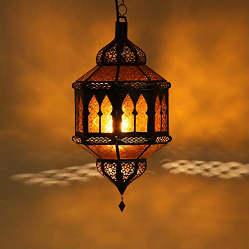Orientalische Lampe marokkanische Hängelampe Trombia Biban Gelb H 50 cm aus Metall & Reliefglas | Kunsthandwerk aus Marrakesch | Prachtvolle Laterne für tolle Lichtspiele wie aus 1001 Nacht | L1235 von Casa Moro