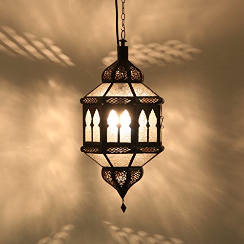 Orientalische Pendelleuchte Marokkanische Lampe Trombia Biban Weiß H 50 cm aus Metall & Reliefglas | Kunsthandwerk aus Marrakesch wie aus 1001 Nacht | L1234 von Casa Moro