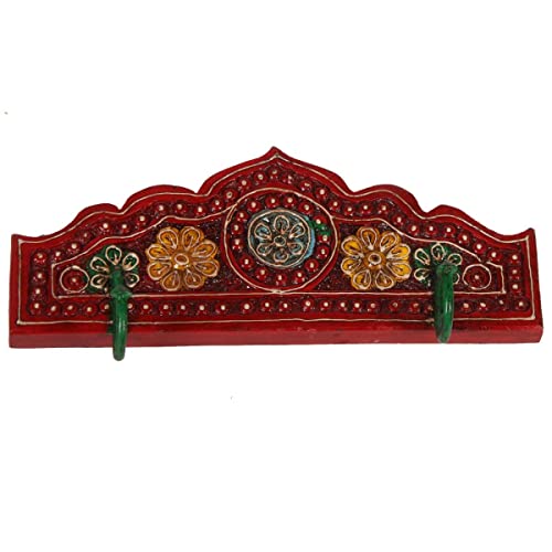 Orientalischer Kleiderhaken Taj Mahal aus Massivholz | handbemalte Wandgarderobe Holz-Leiste mit 2 Haken | Originelle Geschenk-Idee Farbe Rot von Casa Moro