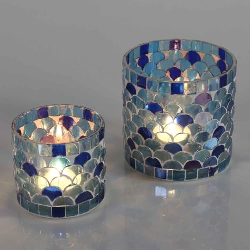 Orientalisches Mosaik Glas-Windlicht Athen 2er Set Dunkel-Blau | Ramadan Deko Stimmungslicht Teelichthalter bunt rund marokkanische Tisch-Deko Mosaik-Kerzenhalter 1001 Nacht | WZ333-SM von Casa Moro