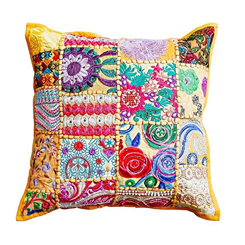 Orientalisches Patchwork Kissen MAR GELB 40x40 cm mit Füllung Stickerei & Pailletten | Boho Chic Deko-Kissen bunt Couchkissen quadratisch Sofa-Kissen & Geschenk-Idee Weihnachten MA8203 von Casa Moro