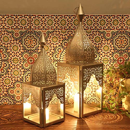 Orientalisches Windlicht Modena Silber L&M 2er Set aus Glas & Metall in Minaretten Form | Marokkanische Glaslaterne Kerzenhalter aus 1001 Nacht, schöne Laterne Wohn-Deko IRL665 von Casa Moro