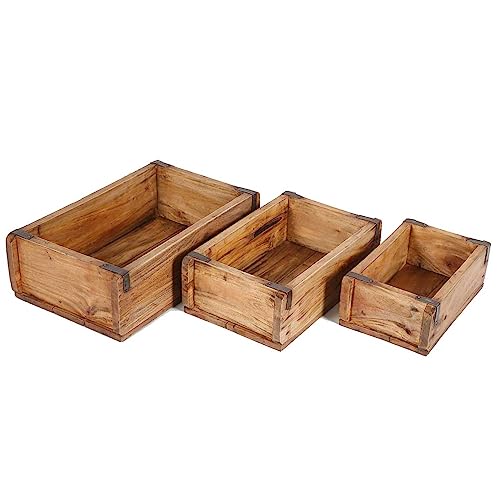 Pflanzenbox Gino 3er Set Ziegelform Aufbewahrungsbox Vintage Holzkiste aus recyceltem massiv Teak Holz mit Metallbeschlägen von Casa Moro